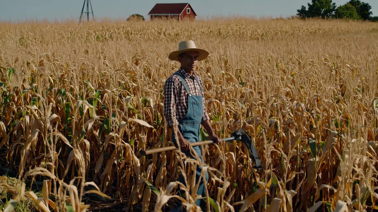 A farmer in overalls and hat walks through a cornfield, holding a hoe