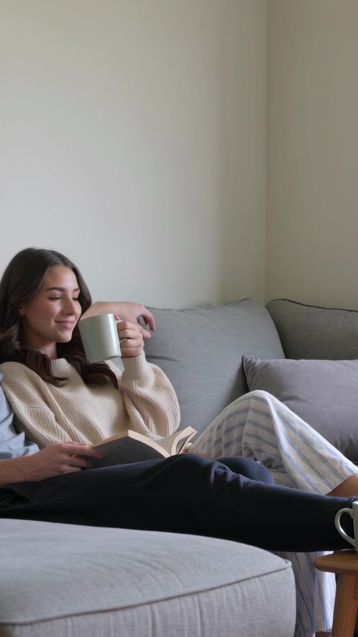 Video verticale: Donna in maglione sul divano, guarda il tavolo, solleva una tazza, mette in pausa il libro per bere.