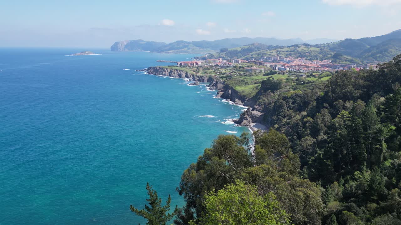 Green Coast and Beach in Bermeo, Bay of Biscay, Basque Country, North Spain - Aerial 4k