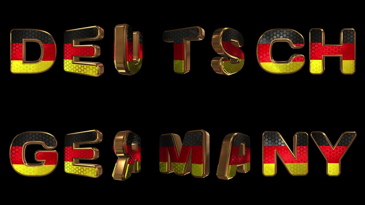독일 - 3d 문장: 생생한 국가 블럼 패턴을 가진 황금색 애니메이션 글자; 모국어와 영어로 국가 이름; 루프; 알파 채널.