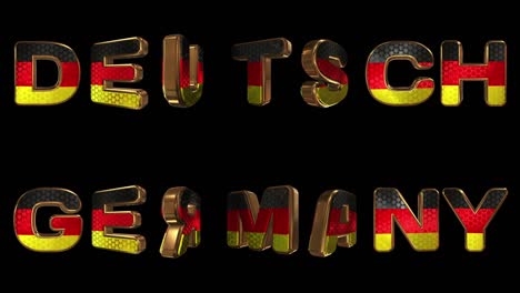 alemania - inscripción en 3d. letras animadas doradas con un animado patrón de emblema nacional. nombre del país en nativo e inglés. bucle. canal alfa.