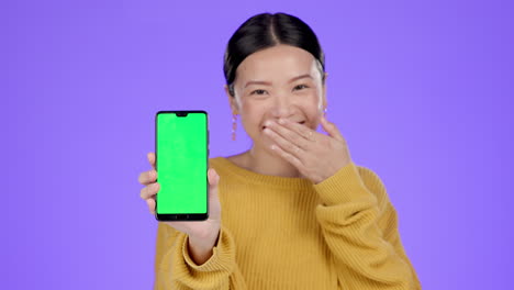 asian woman, smartphone and green screen mockup