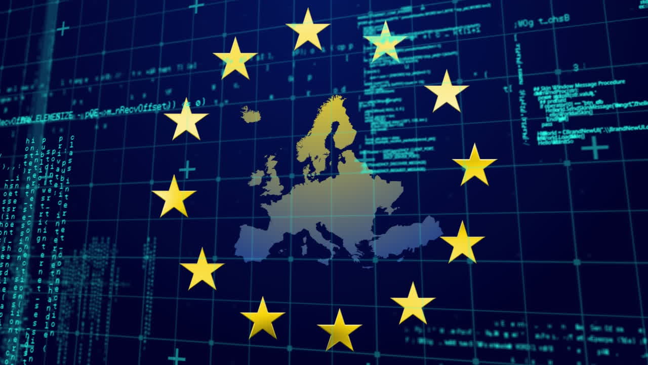 데이터 처리에 대항하여 eu 지도 위에 회전하는 노란색 별