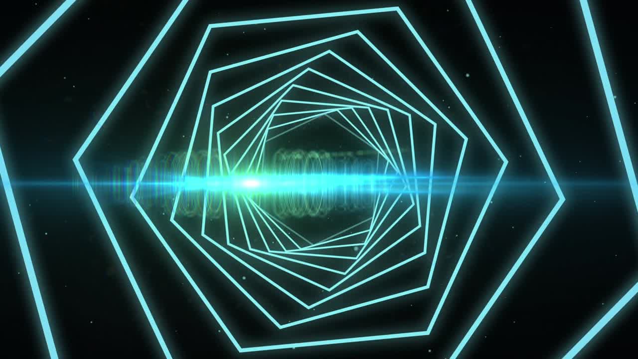 Animation of glowing blue kaleidoscopic shapes over black background