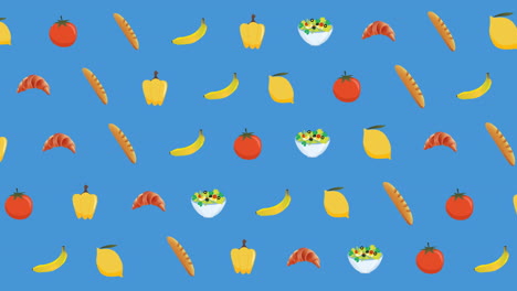 animación de diversos alimentos flotando en el fondo azul