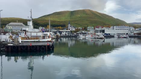 view from a ship entering the whaling port of husavik in northern iceland