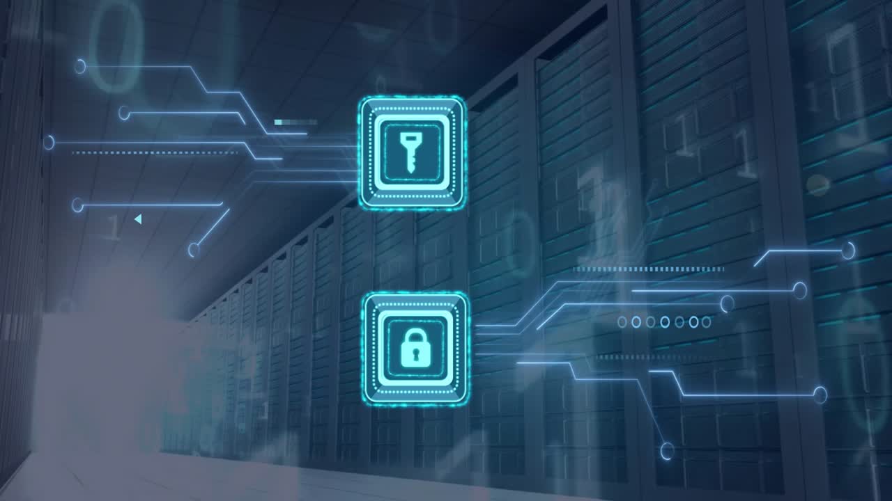 Showing data hall activating hologram key and lock extending circuits pulsing binary for encryption
