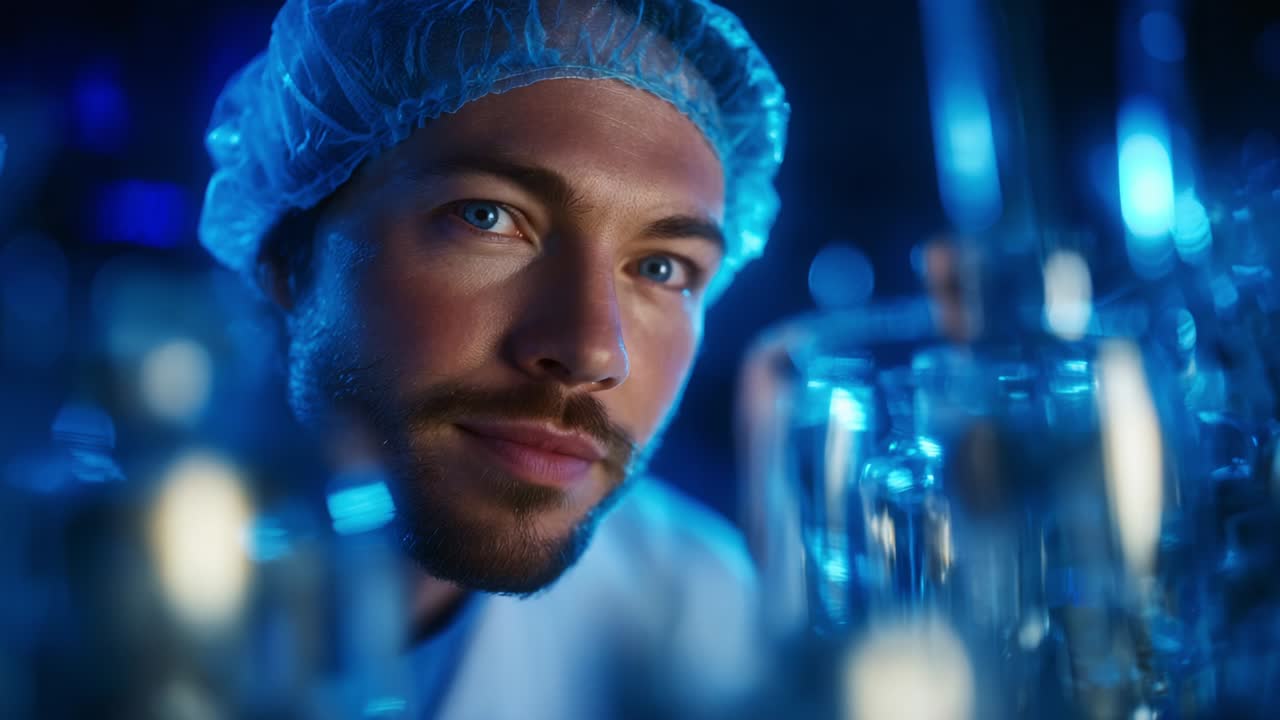 Focused Experimentation: A Close-Up on a Researcher with Intense Blue Eyes, Wearing a Hairnet and Lab Coat, Analyzing Glassware in a Dimly Lit Laboratory Setting with a Mysterious Blue Light Effect
