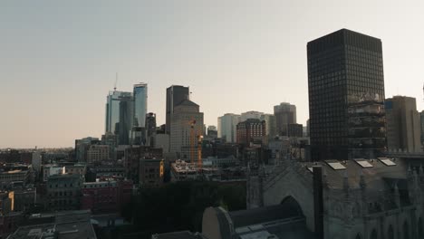 drone shot overlooking downtown montreal