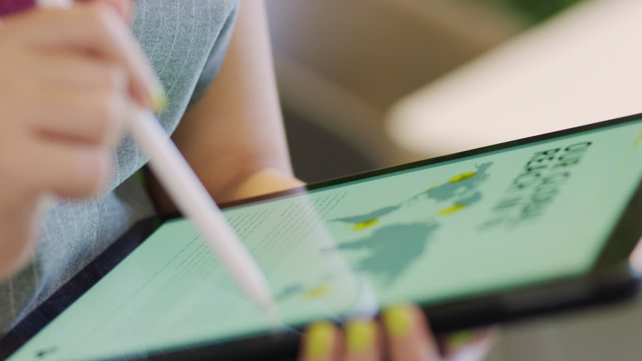 Hand, pen and data on tablet screen working