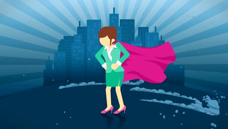 superhéroe de pie en el fondo de la ciudad. cerca de una nube de polvo. símbolo de mujer de negocios. concepto de liderazgo y logro. animación de bucle cómico.