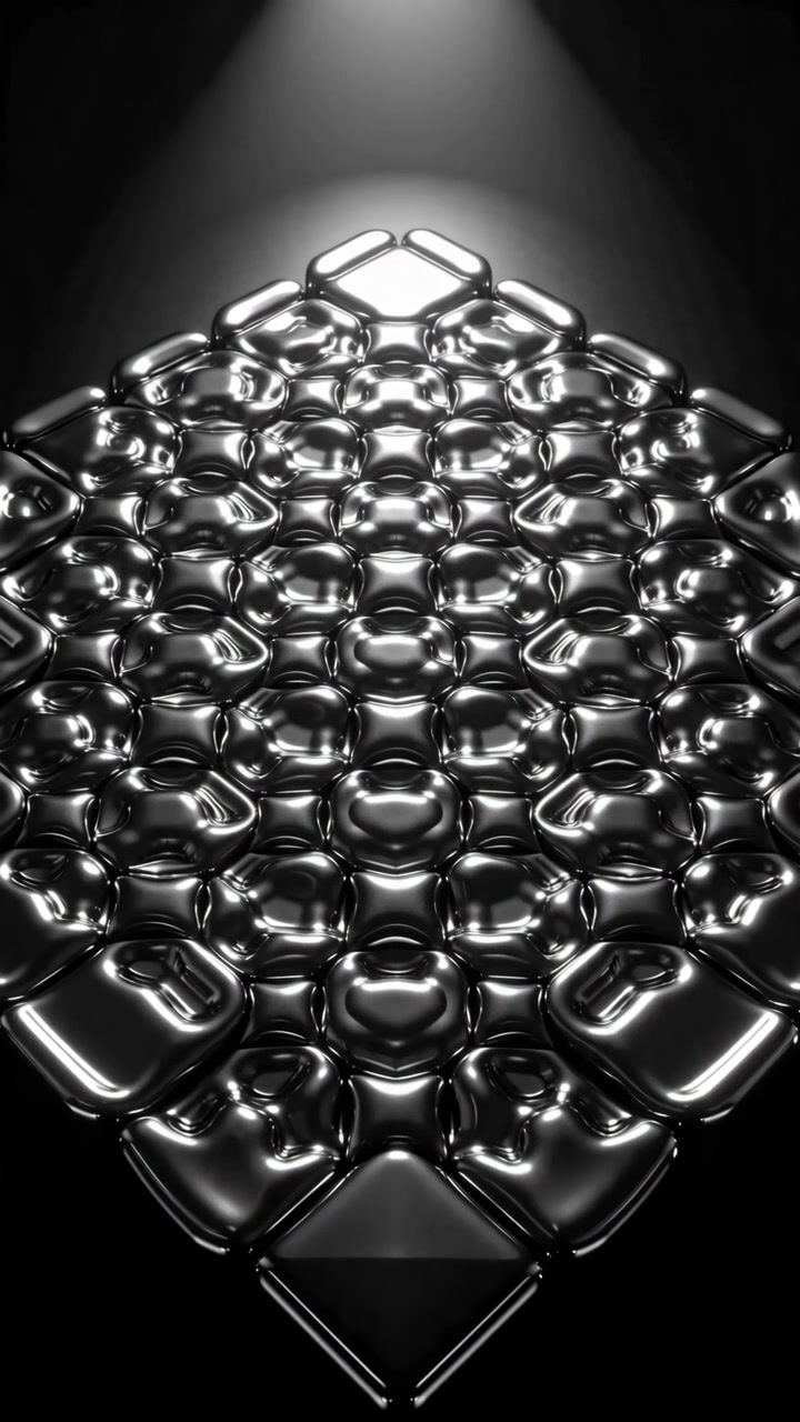 Time-lapse style reveal spanning clip from near-start to near-end: overhead spotlight progressively exposes glossy black cushion-tiled surface arranged in