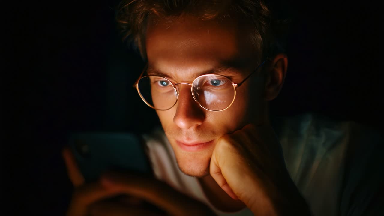 Ein junger Mann mit Brille konzentriert sich in einer schwach beleuchteten Umgebung intensiv auf seinen Smartphone-Bildschirm und zeigt tiefe Konzentration und Neugier während seiner nächtlichen Aktivität