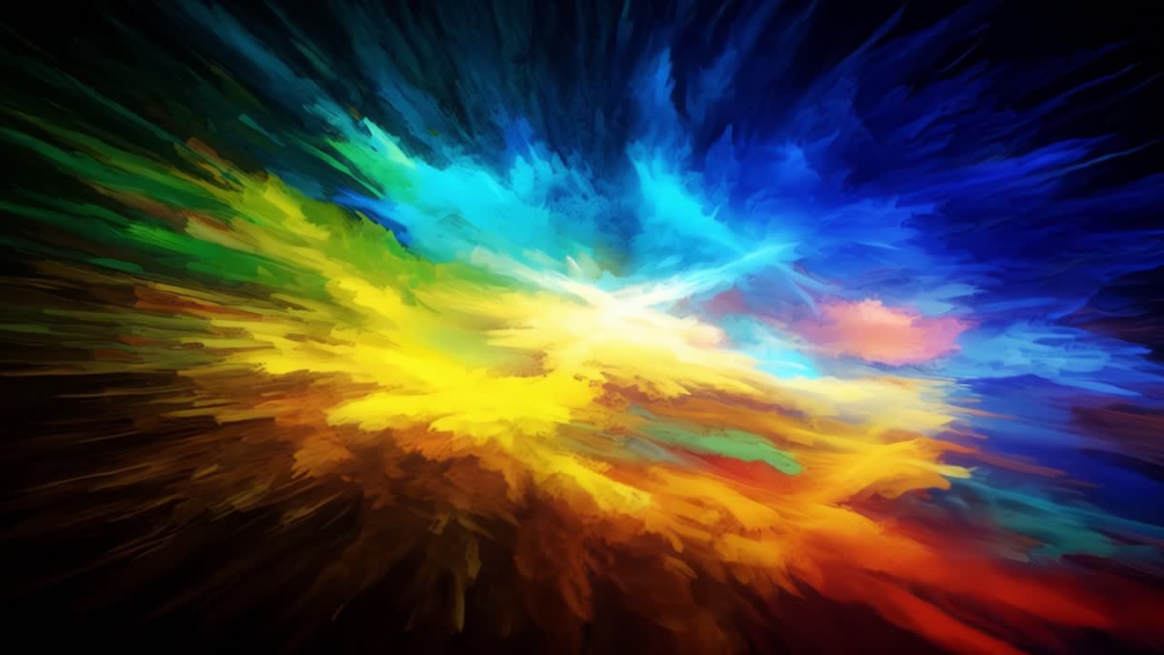 An explosion of colors fills the space with shades of blue, yellow, orange, and red. The artwork displays swirling patterns that create a sense of motion and depth. Radiant hues blend seamlessly, forming a captivating visual experience. This vibrant display evokes a feeling of energy and creativity,