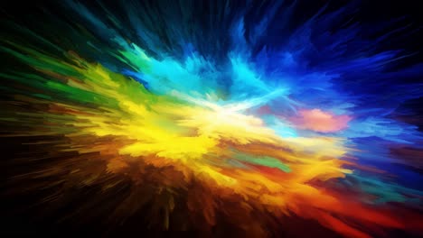 an explosion of colors fills the space with shades of blue, yellow, orange, and red. the artwork displays swirling patterns that create a sense of motion and depth. radiant hues blend seamlessly, forming a captivating visual experience. this vibrant display evokes a feeling of energy and creativity,