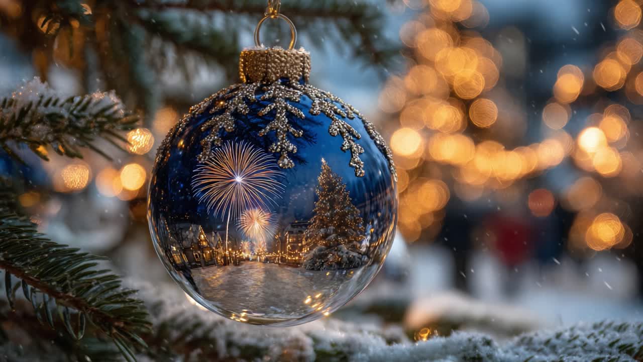 A Stunning Glass Ornament Capturing Festive Fireworks and Twinkling Lights, Radiating Holiday Cheer Among Snowy Trees and a Beautiful Winter Scene