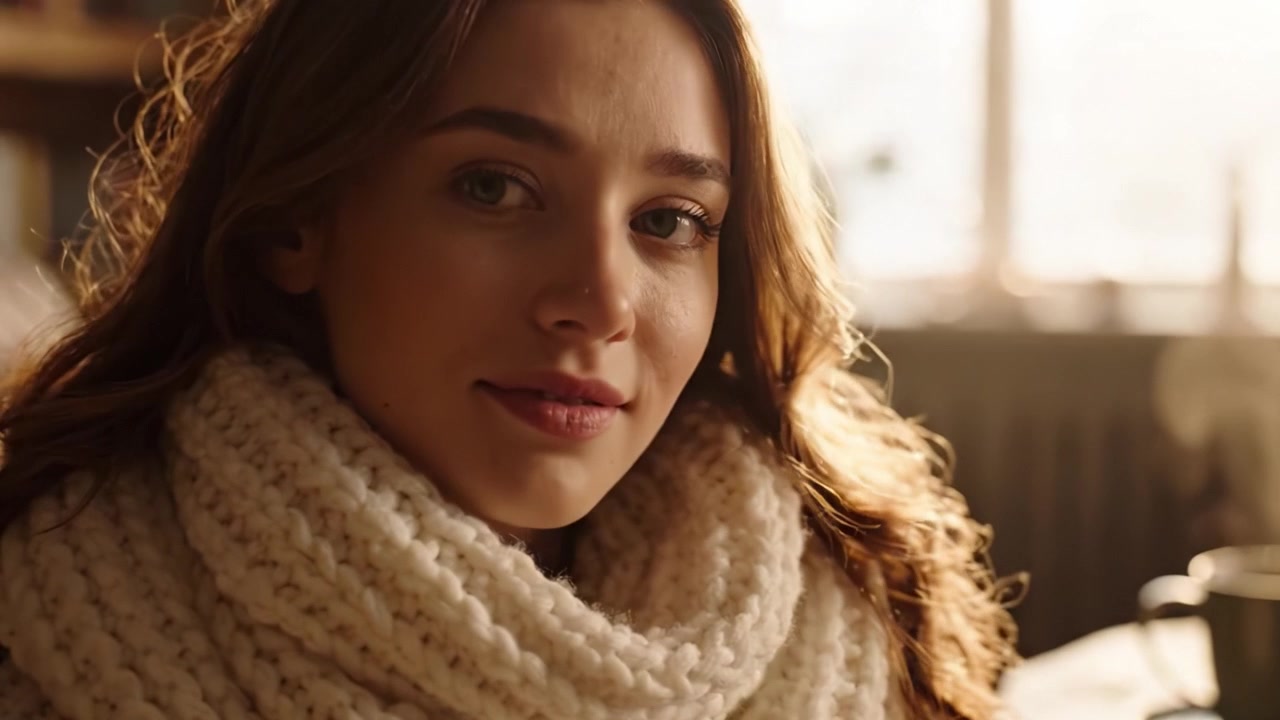 A Serene Moment: Captivating Close-Up of a Woman in a Cozy Sweater Enjoying Tranquil Relaxation in a Sunlit Room with Gentle Atmosphere