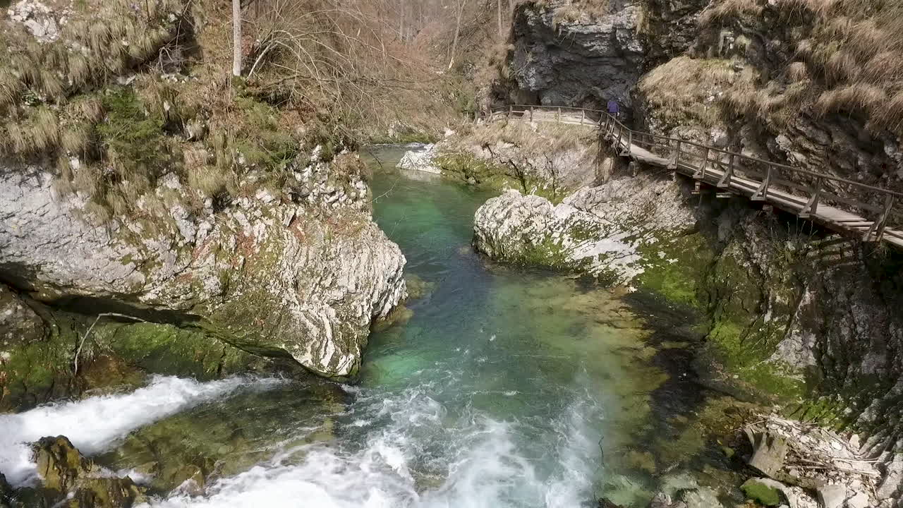 Aerial - Flying low above Soteska Vintgar. Gorge, Slovenia