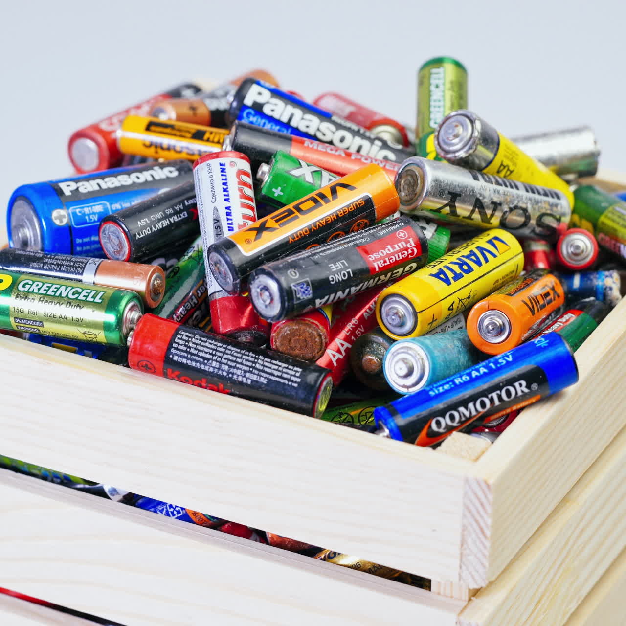 Used batteries from different manufacturers, waste, collection and recycling.
