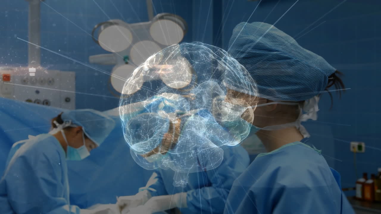 Three surgeons collaborating in medical operating room, showing 3D brain hologram under lights