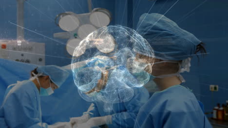 three surgeons collaborating in medical operating room, showing 3d brain hologram under lights