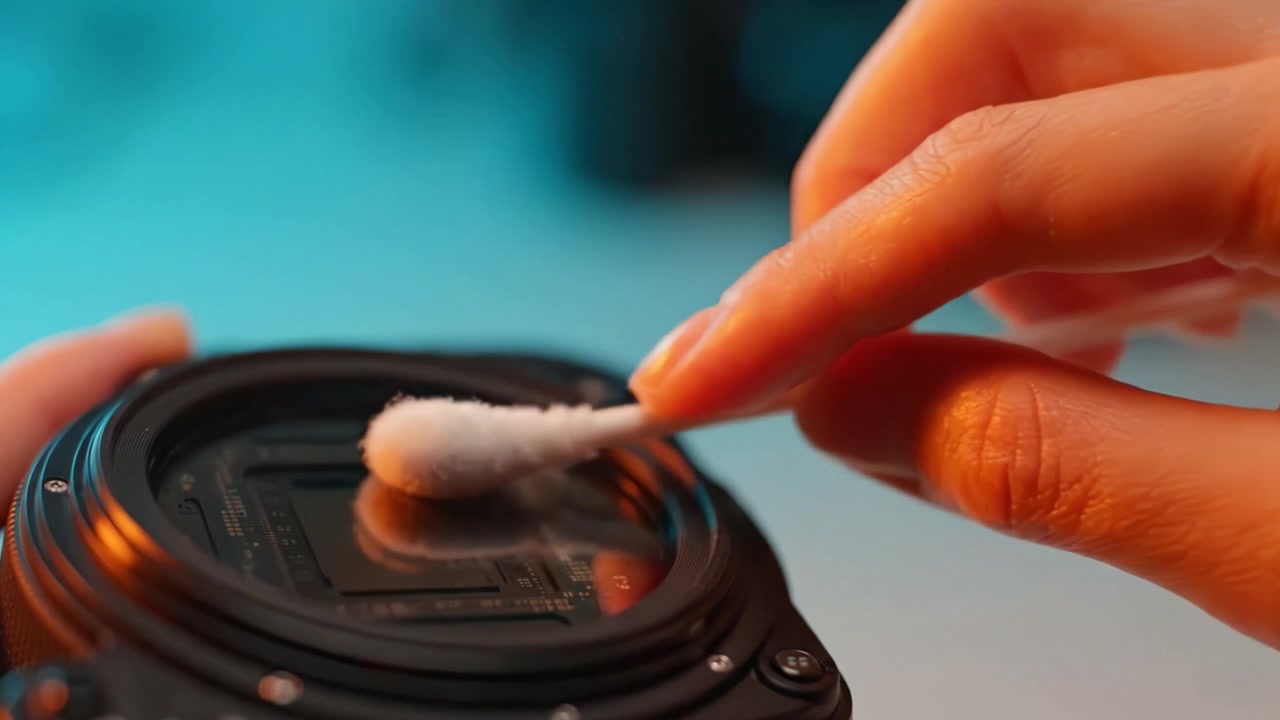 Carefully Cleaning a Camera Lens: Ensuring Optimal Performance and Image Quality by Removing Dust and Debris with Precision Tools and Techniques.