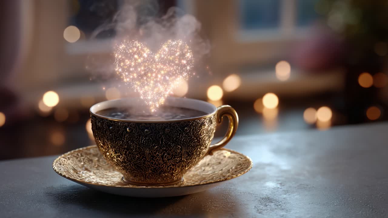 Taza de café encantadora con vapor en forma de corazón que se eleva en un ambiente acogedor, con magia brillante que realza la calidez de una deliciosa experiencia de bebida elaborada