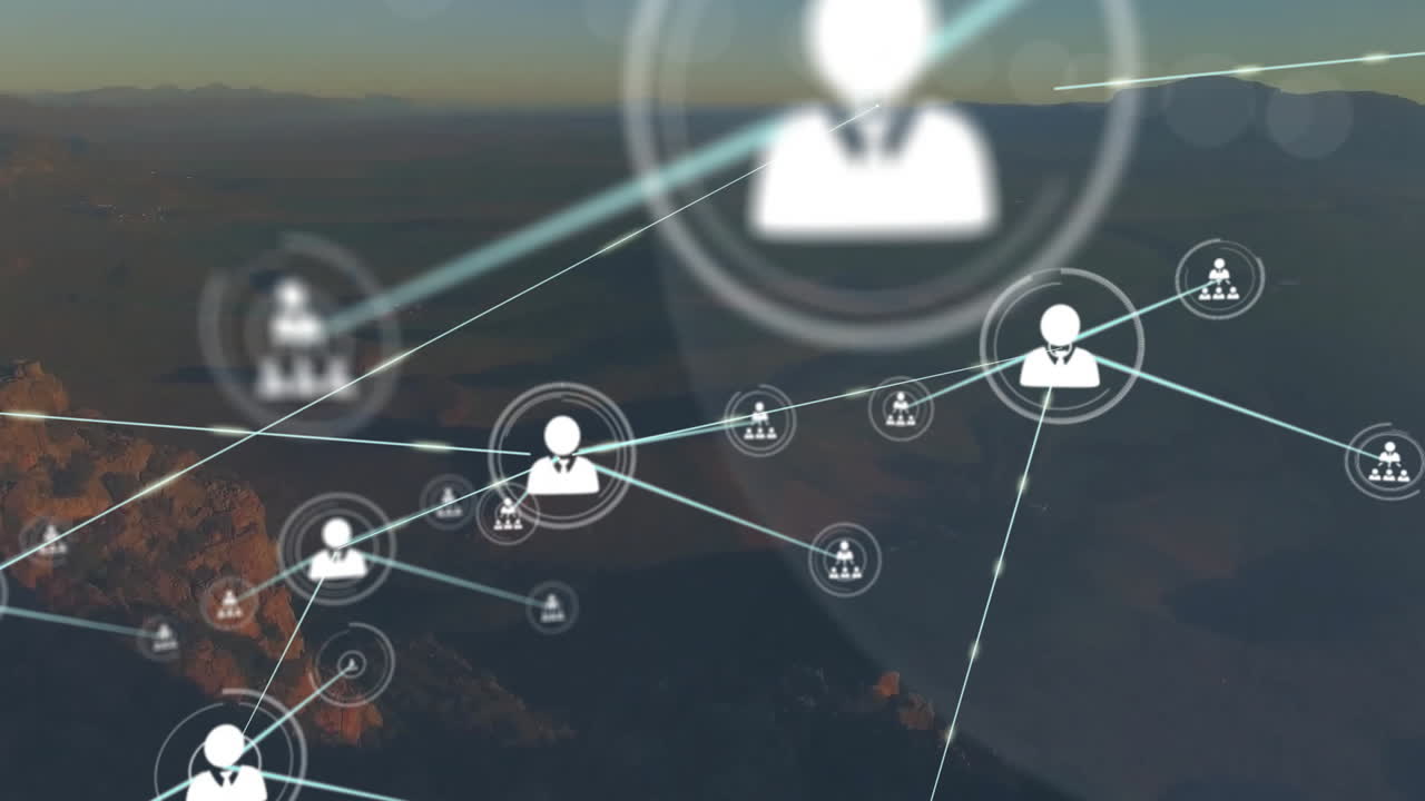 animación de iconos conectados sobre una vista aérea de un bosque verde exuberante contra un cielo nublado