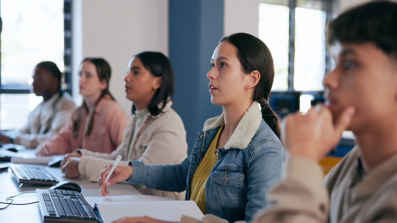 Diverse students actively participating in a classroom lesson