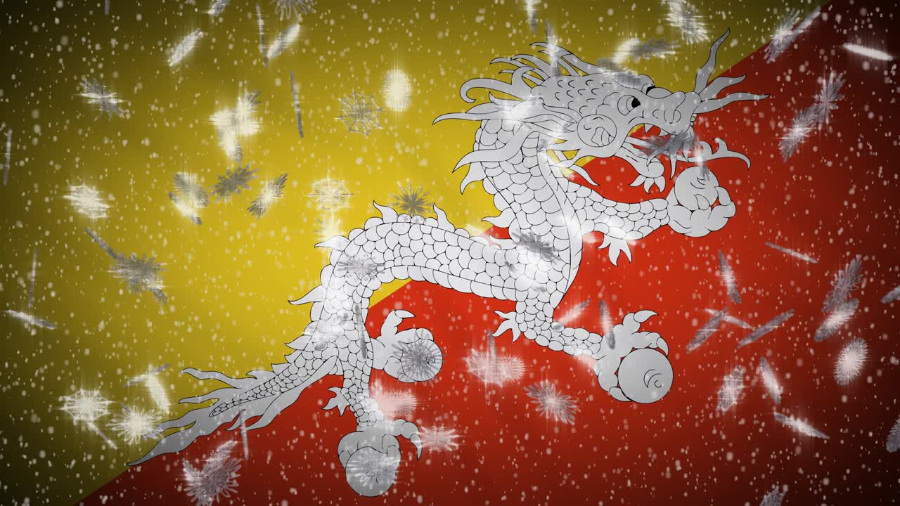 Bhutan flag falling snow loopable, New Year and Christmas background, loop
