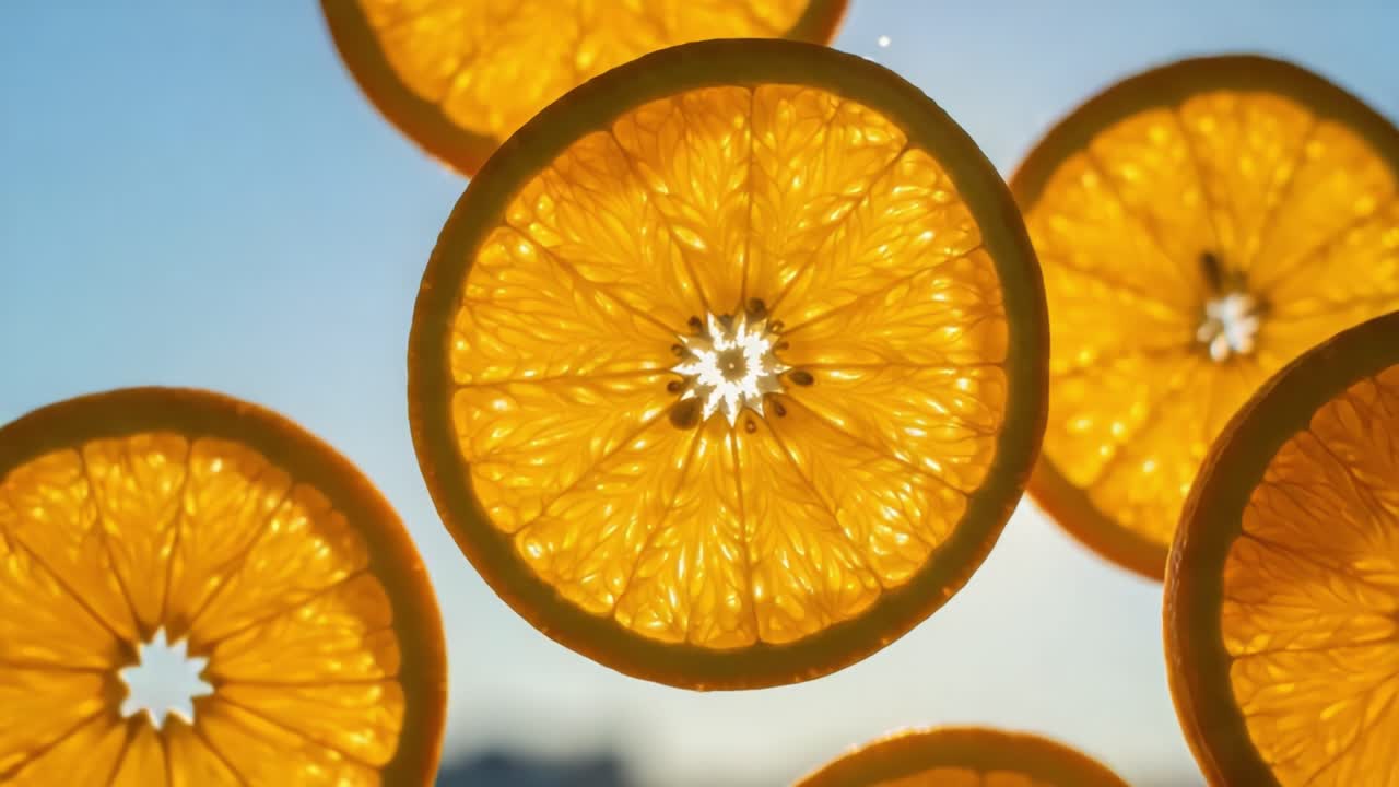 Vibrant Slices of Orange Against a Clear Sky: A Glorious Display of Citrus Beauty Illuminated by Sunlight