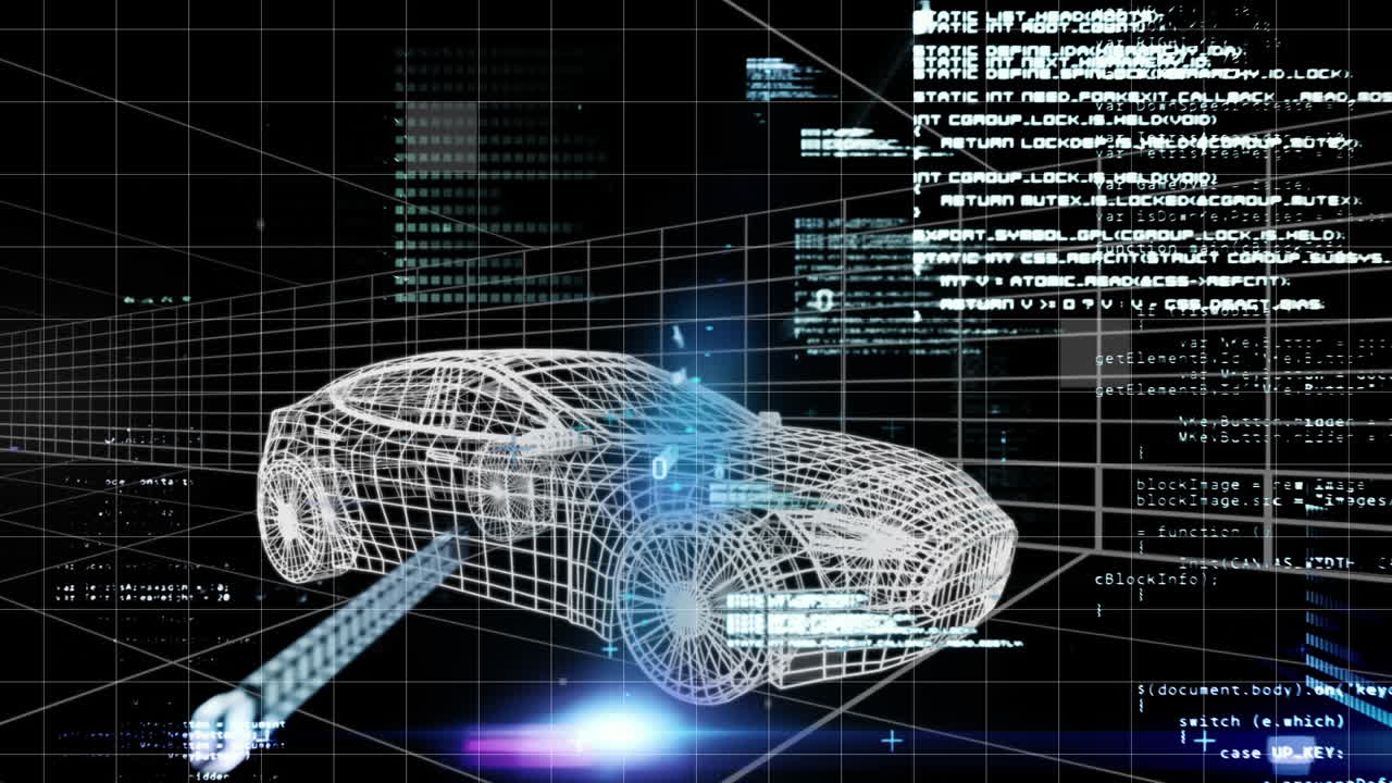 떠다니는 데이터와 정보와 함께 터널을 통과하는 3d 자동차 모델의 애니메이션