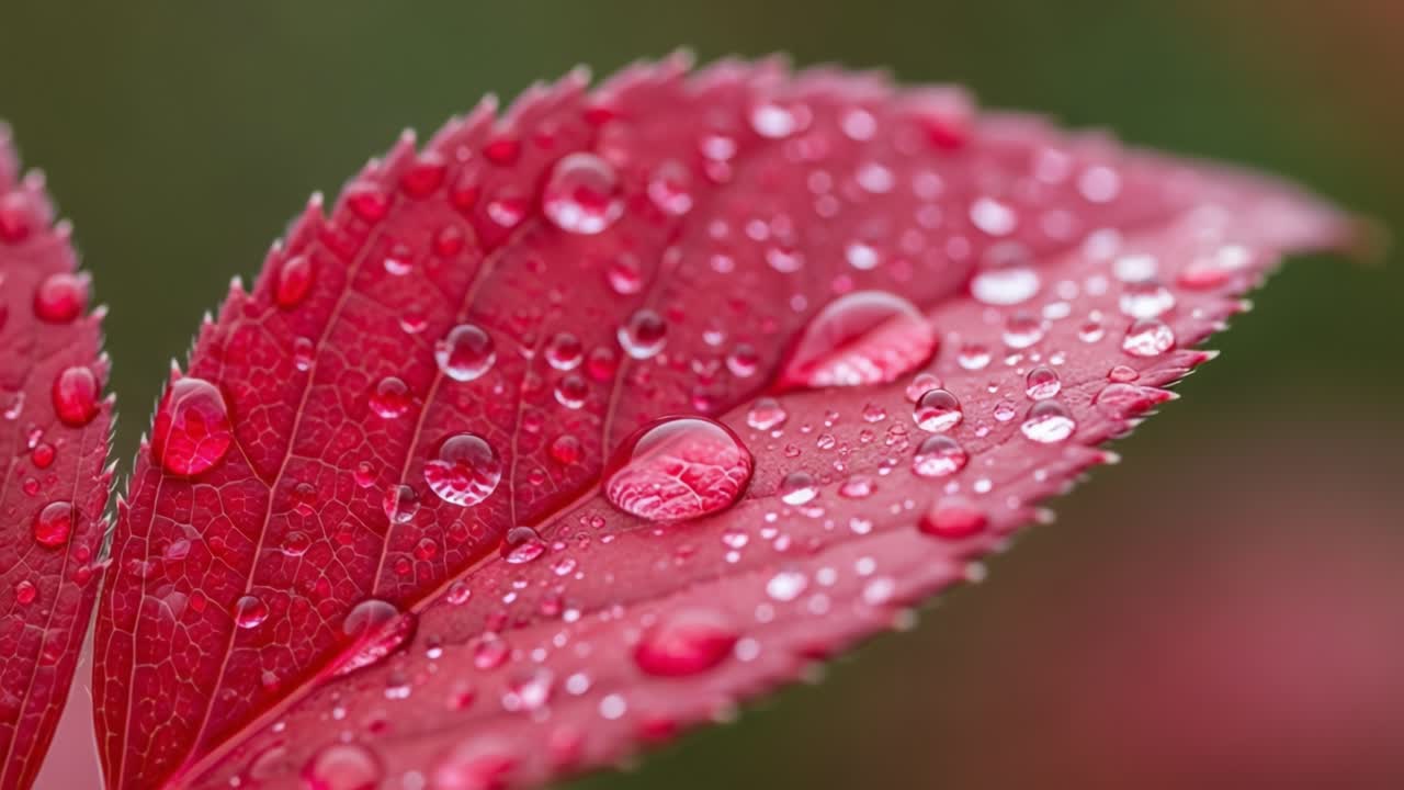 Capturing the Beauty of Dew-Kissed Red Leaves: A Close-Up Exploration of Nature's Vibrant Colors and Textures in the Morning Light