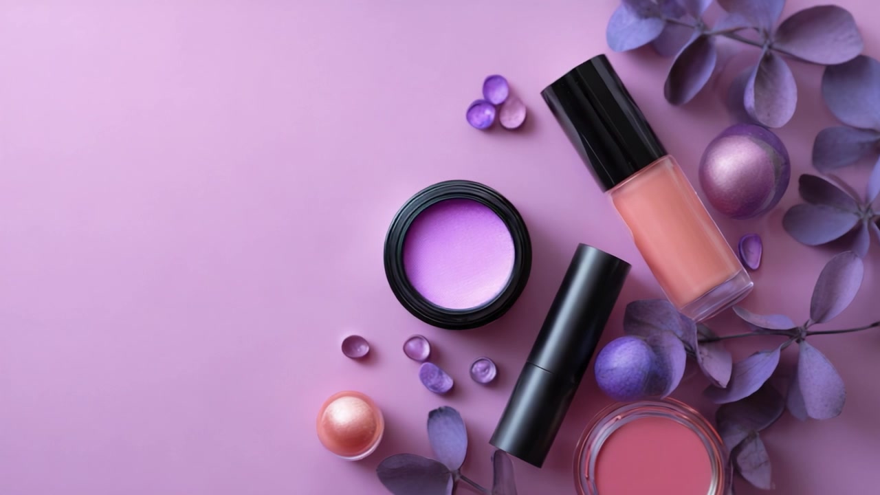 Composizione estetica flat lay di prodotti make-up su sfondo rosa con rossetto, ombretto, smalto e foglie decorative per gli appassionati di bellezza.