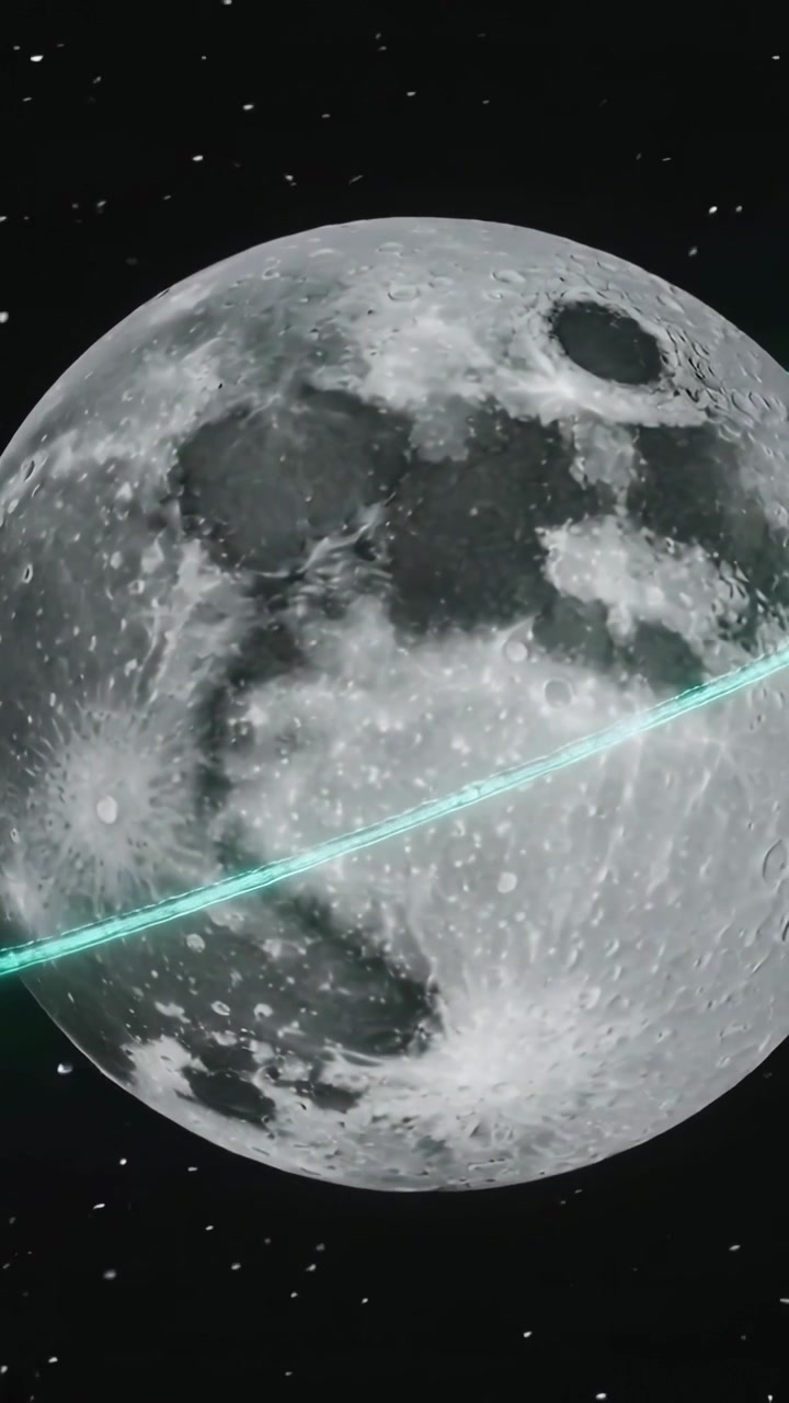 Video verticale: Raggio ciano-verde che fende e spazza la superficie lunare nello spazio, rivelando crateri e mari.