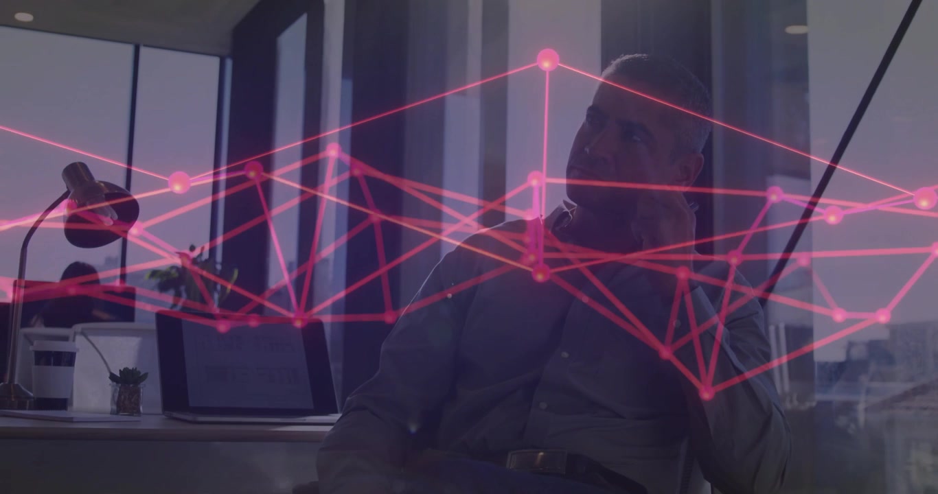 Thoughtful Businessman Thinking in Modern Office with Digital Network Overlay