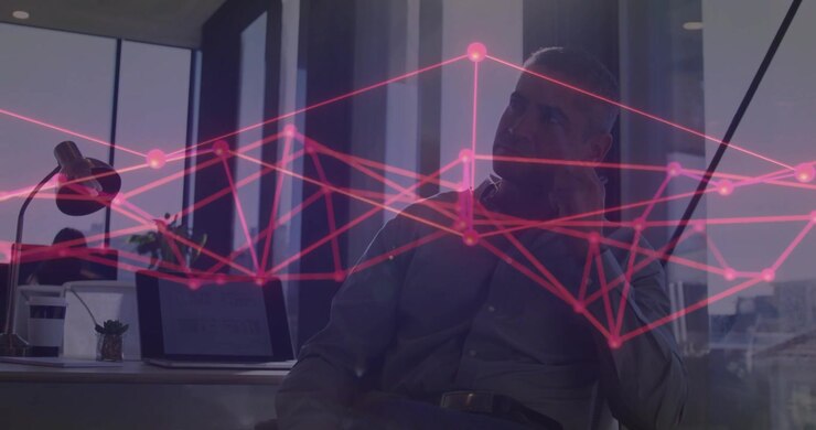 Thoughtful Businessman Thinking in Modern Office with Digital Network Overlay
