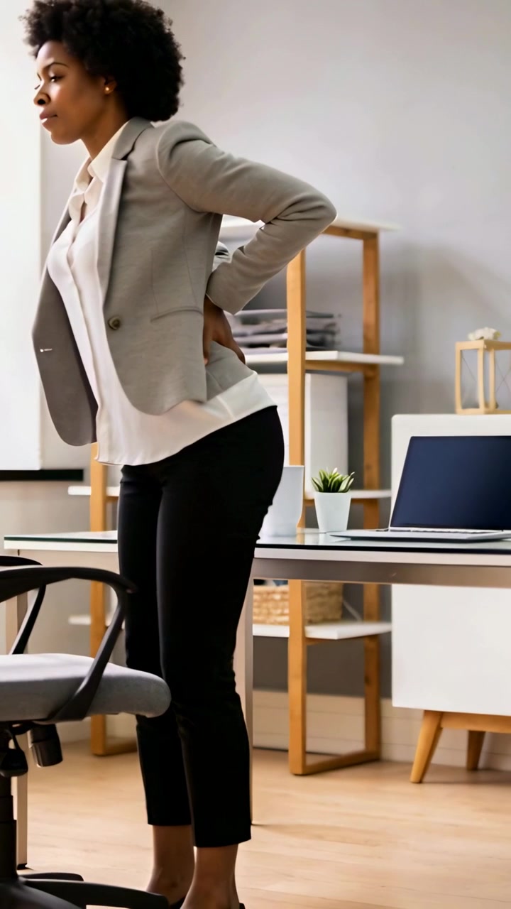 Vertical video: Standing from chair, woman in blazer supporting back to relieve pain at laptop desk
