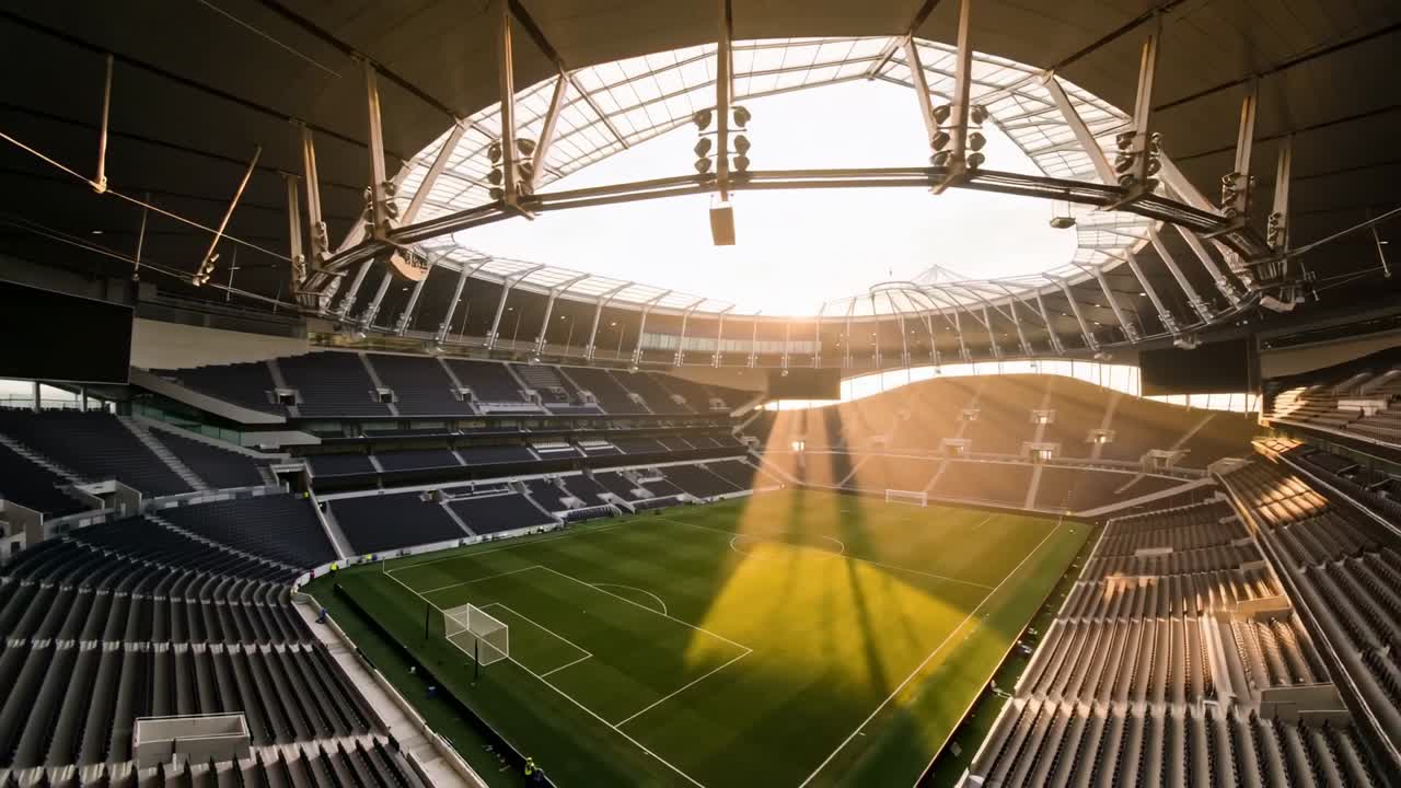 La luce del sole si sposta, facendo sì che la telecamera si alzi e si muova attraverso uno stadio vuoto, rivelando il campo in erba.