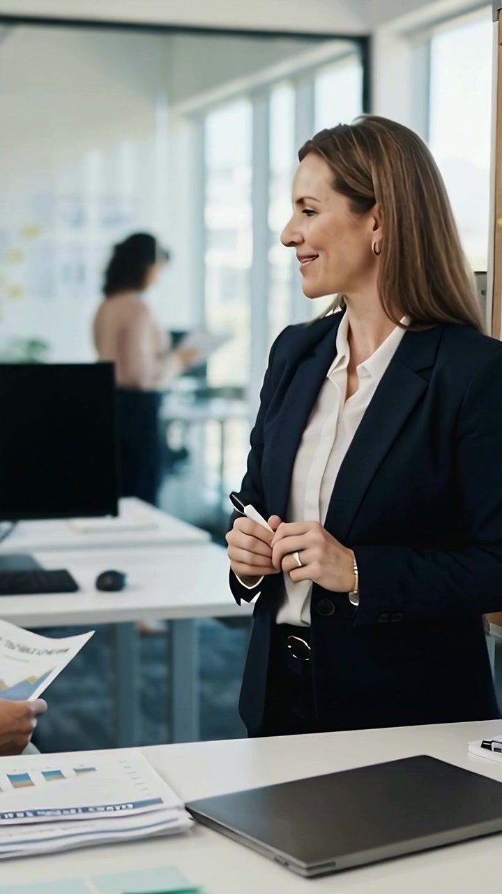 Video verticale: Un responsabile in blazer prende dei grafici e appunta una nota sulla bacheca dell'ufficio per la revisione, con spazio per il testo.