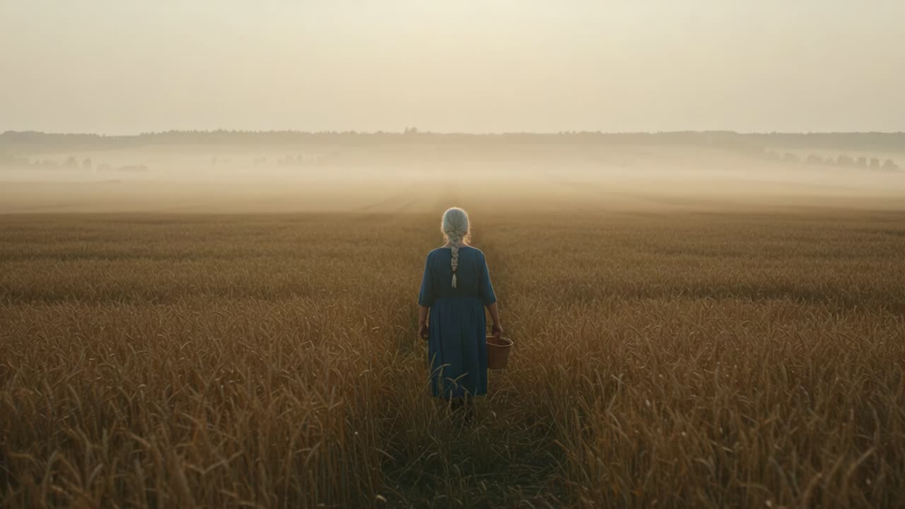 Un viaggio sereno attraverso campi dorati: Catturare la tranquillità della natura mentre una figura cammina attraverso il paesaggio nebbioso all'alba.