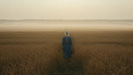 a serene journey through golden fields: capturing the tranquility of nature as a figure walks through the misty landscape at dawn