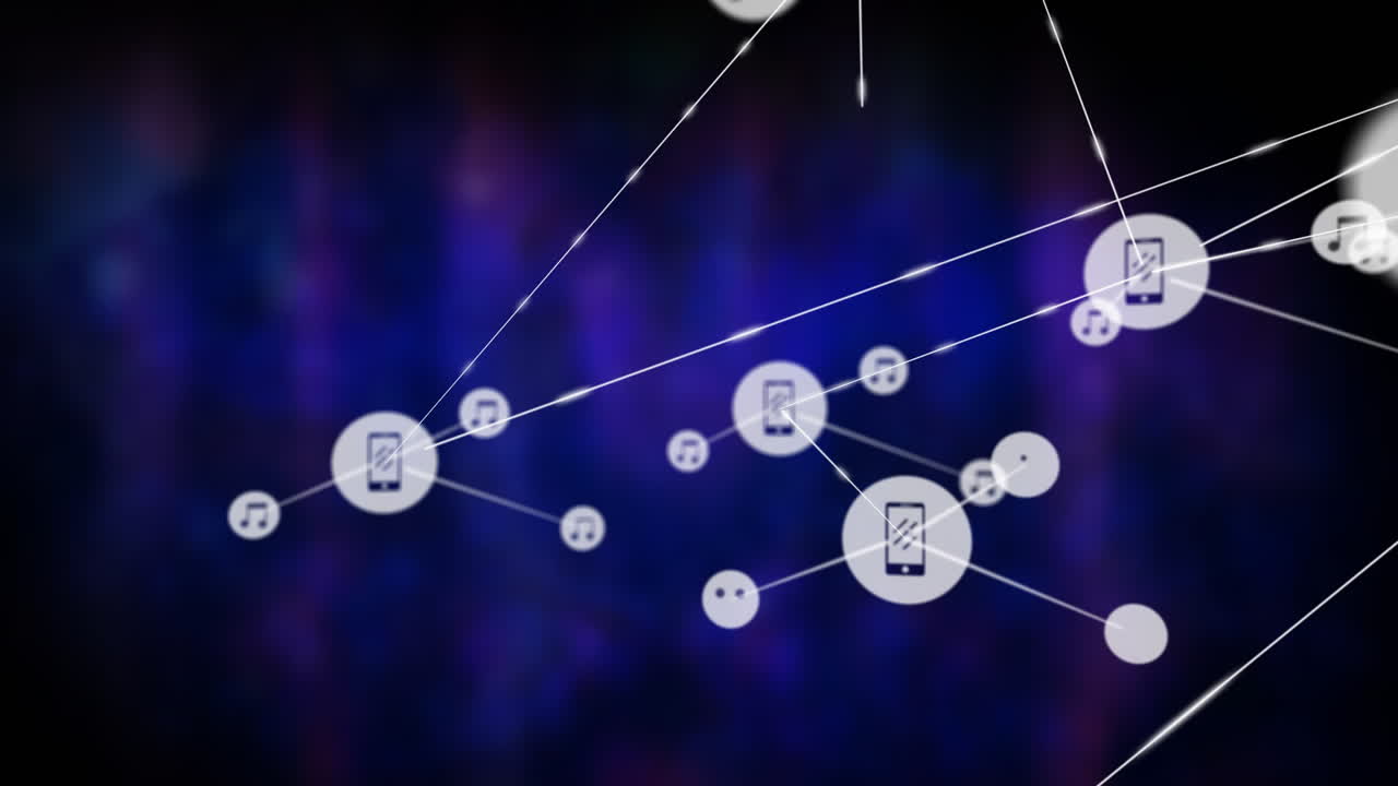 animación de la red de dispositivos conectados e íconos de medios sobre un fondo azul y púrpura