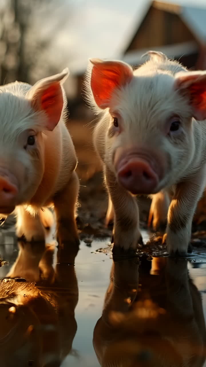 Piglets Explore Puddles on Winter Farm in Early Morning Light. Two curious piglets play near a puddle in a snowy farm setting, illuminated by the soft morning glow.