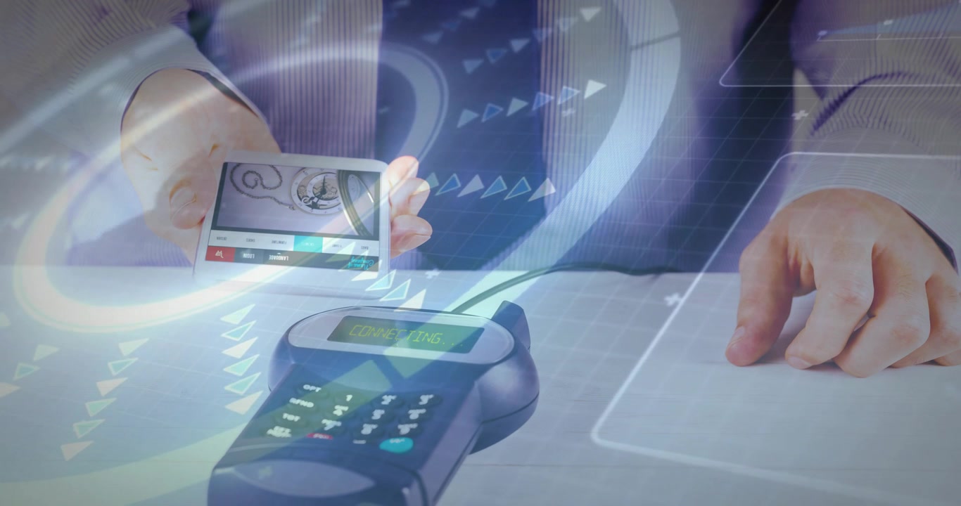 Hand picking up card causing swirling overlays at card reader confirming payment before lowering