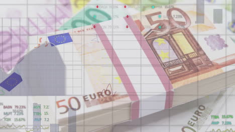 euro banknotes with financial data processing animation over grid background