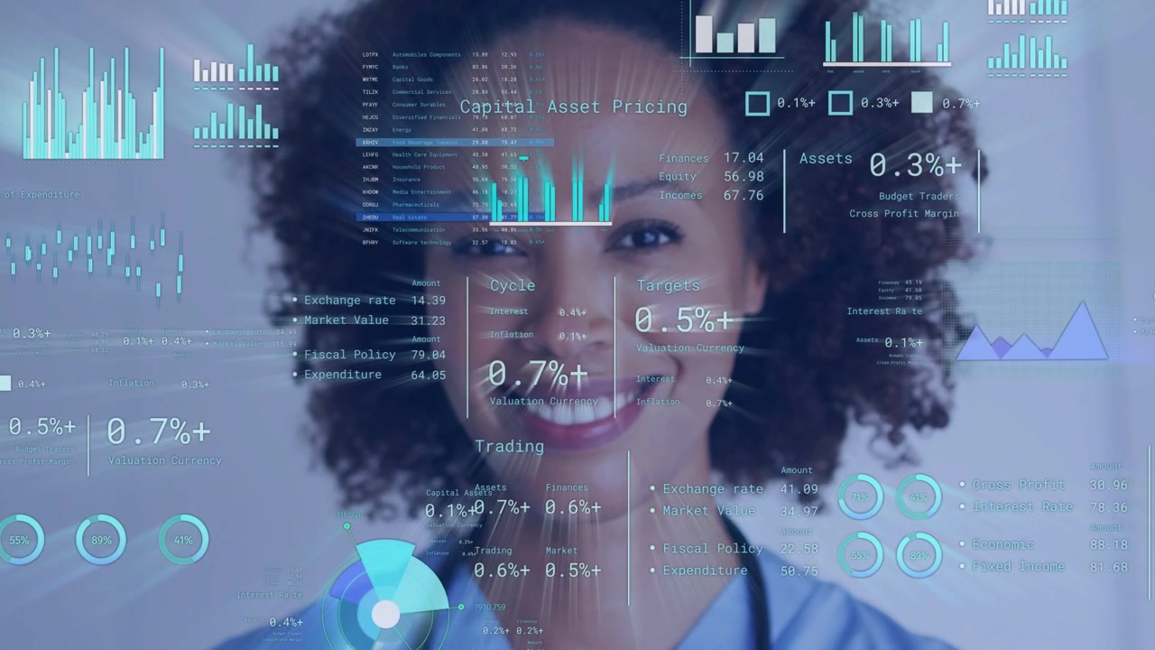 Female medic facing camera, HUD fading in overlaying charts while smiling showing health analytics