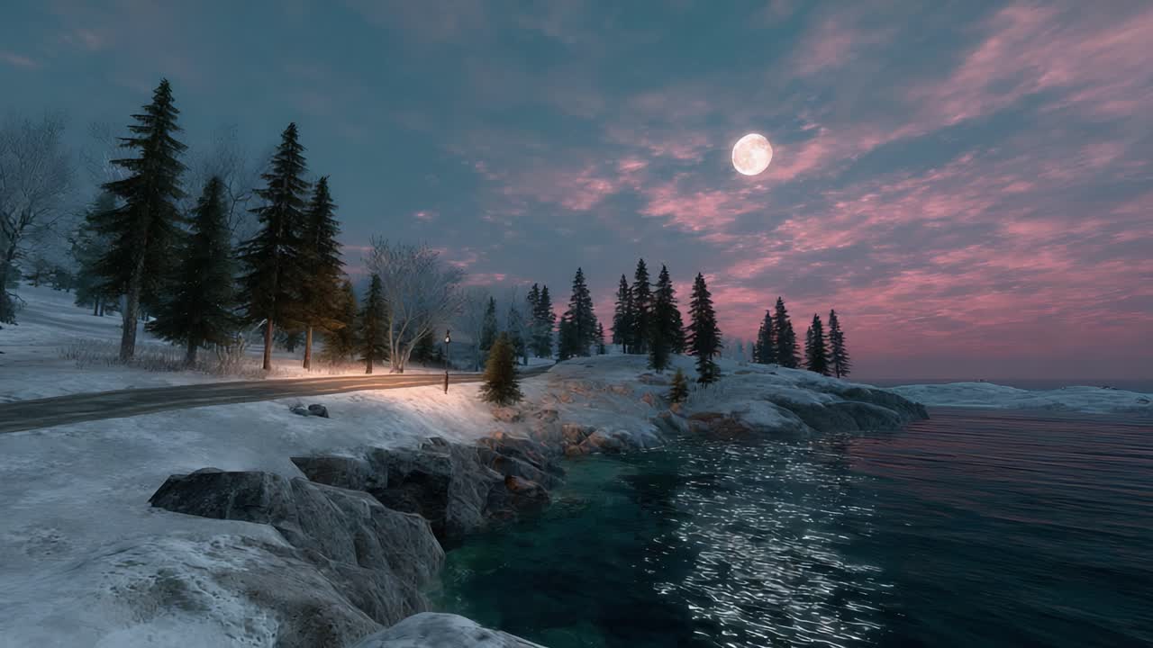 Serene Winter Landscape at Dusk with Moonlit Sky Over Tranquil Waters, Illuminated Roadway Surrounded by Pine Trees and Peaceful Shoreline Reflection