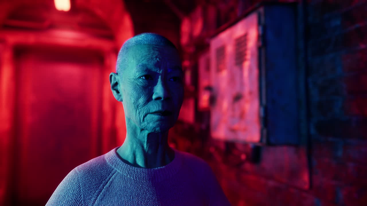 hombre anciano en un callejón oscuro de la ciudad