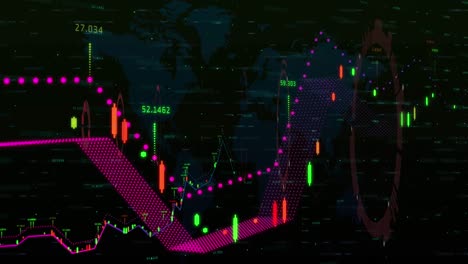 Animation-of-financial-data-processing-and-red-round-scanner-spinning-over-world-map